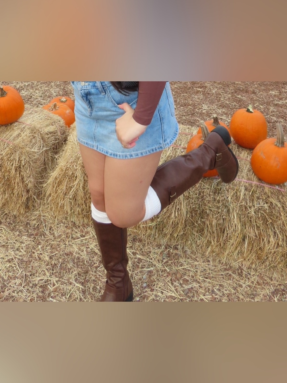 Denim Mini Skirt with Brown Riding Boots